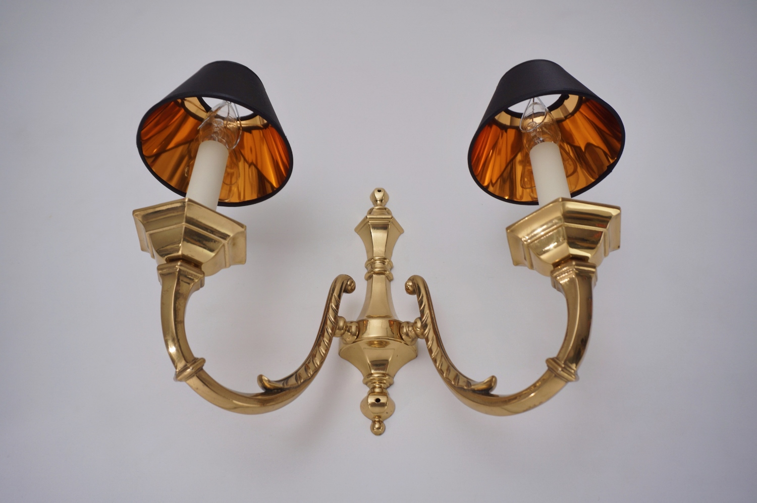 Pair brass wall lights sconces, twin arm, Neoclassical, 1950`s ca, English  in Antique & Vintage Wall Lights / Sconces from Roomscape