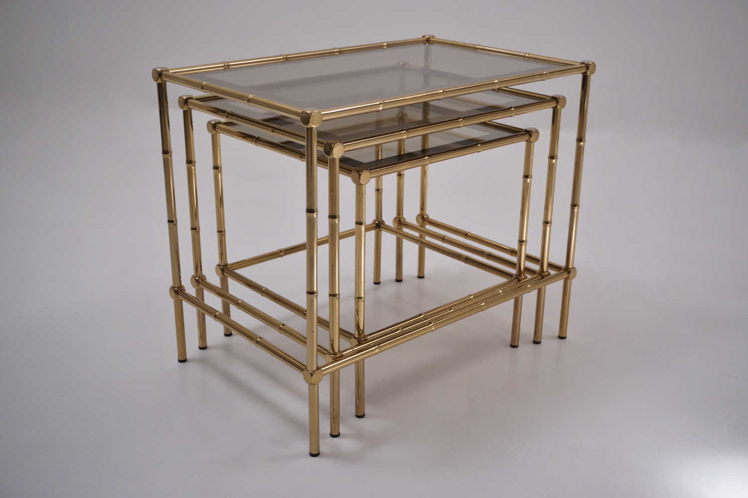 Maison Bagues Style Mid Century Brass and Glass Faux Bamboo Nesting Tables  – Set of 3, Mid Century Modern Furniture