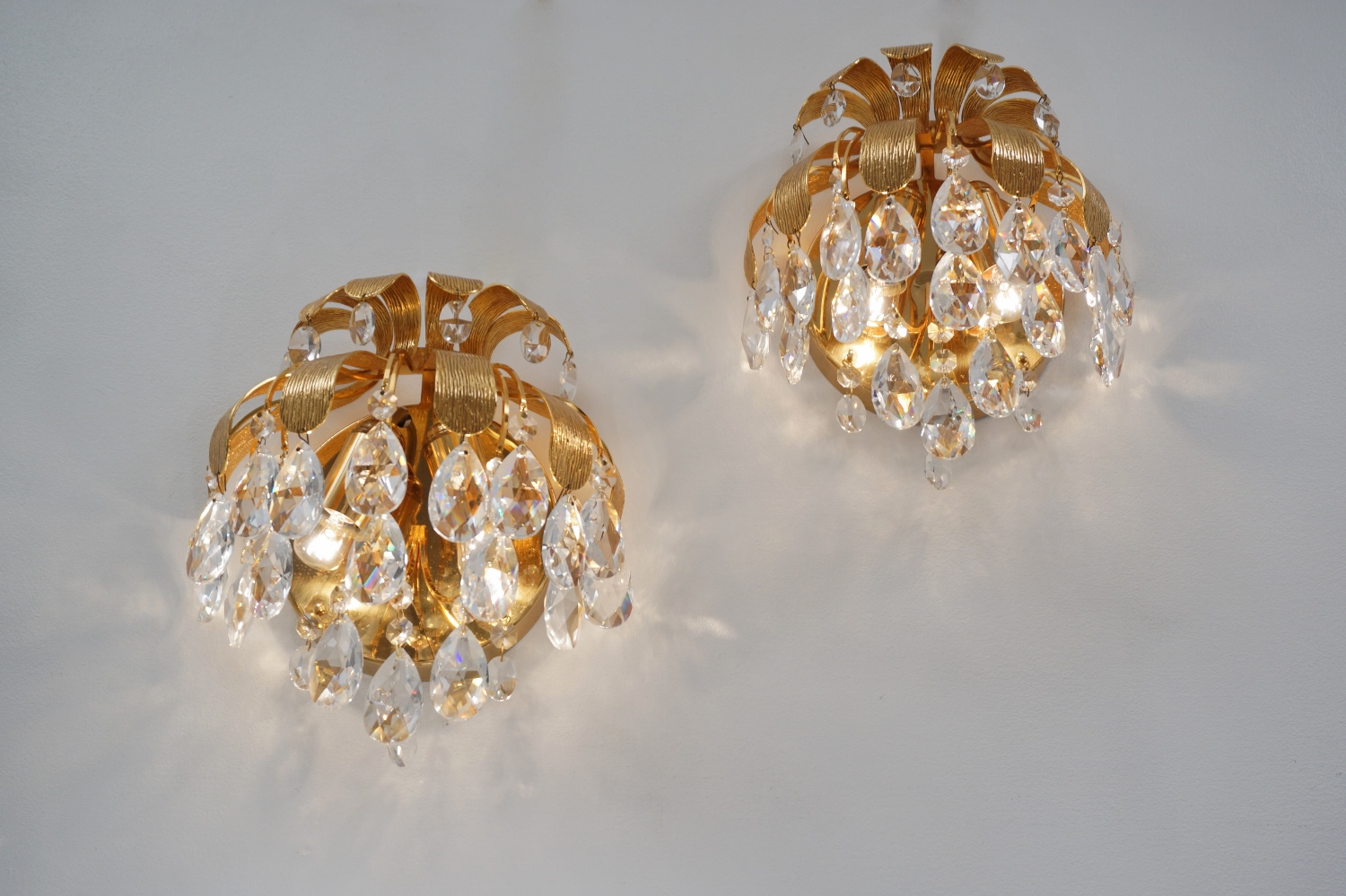 Palwa crystal pair wall lights by Ernst Palme, brass pineapple, 1960`s,  German in Vintage Palwa Lighting from Roomscape