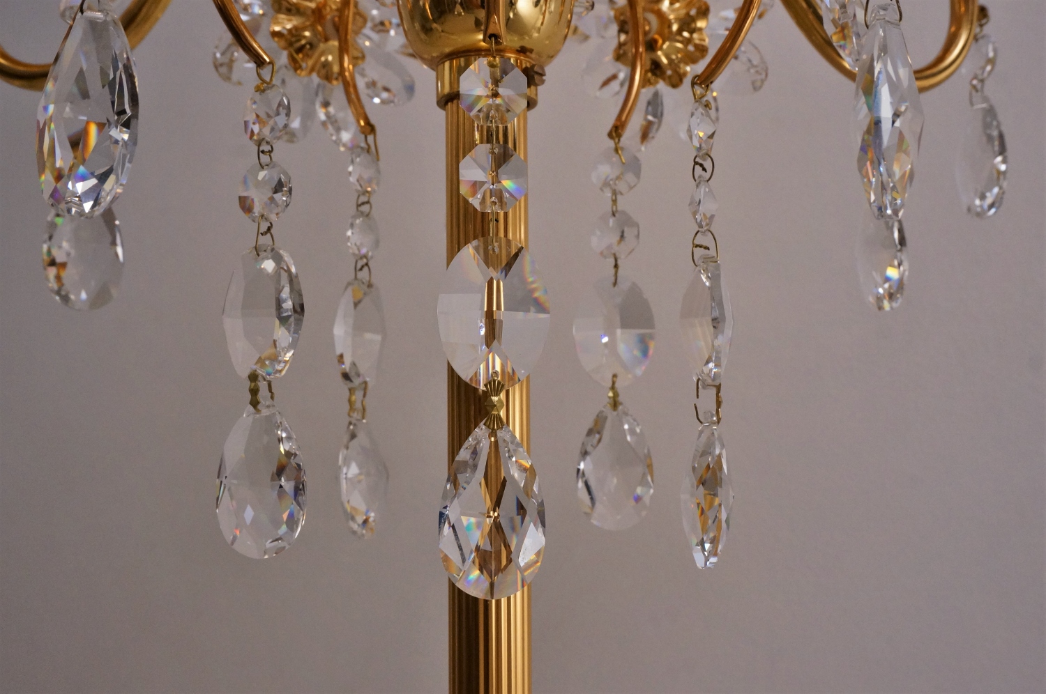 Palwa floor lamp, gilt brass frame, crystal flowers & beads, 1970