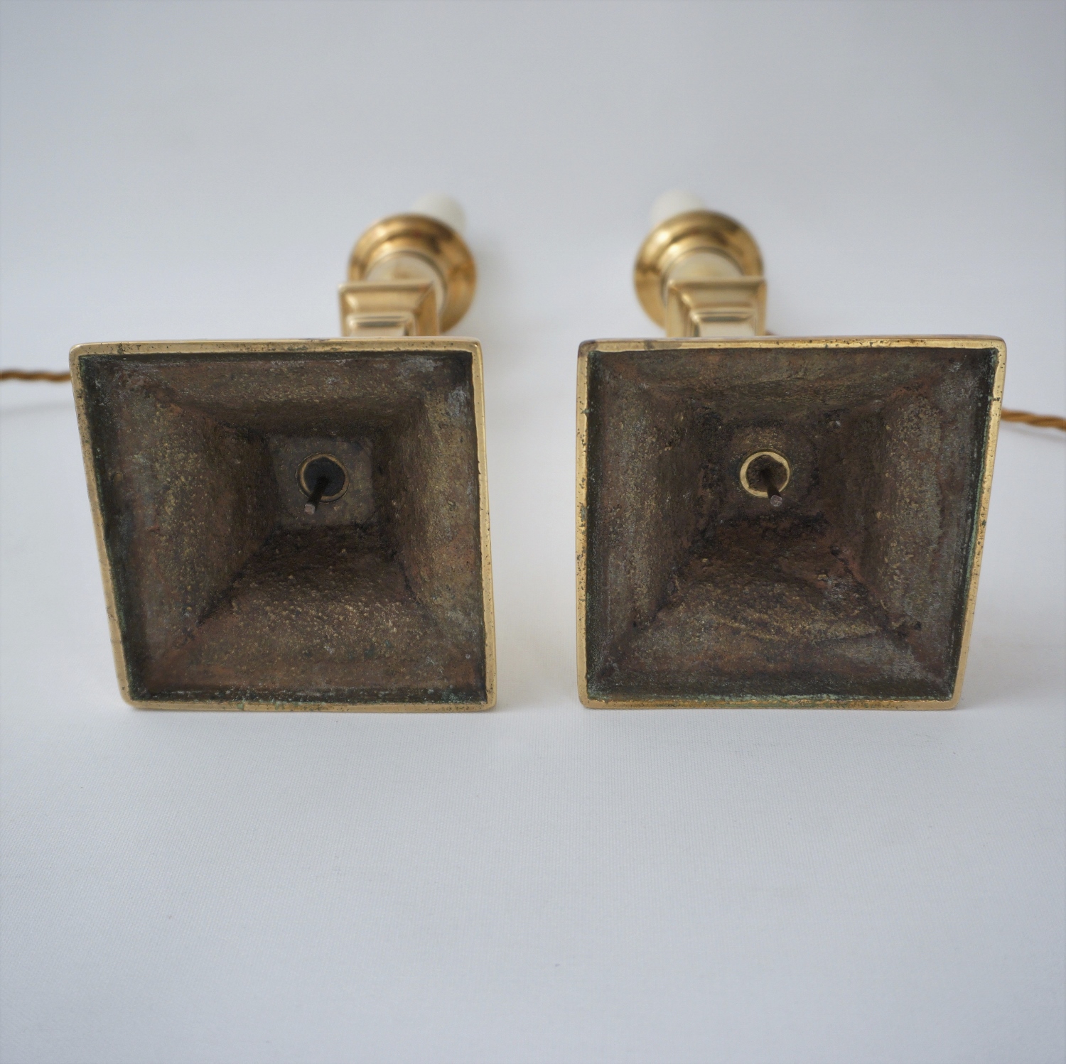 Antique Georgian brass candlestick table lamps, a pair, 19th