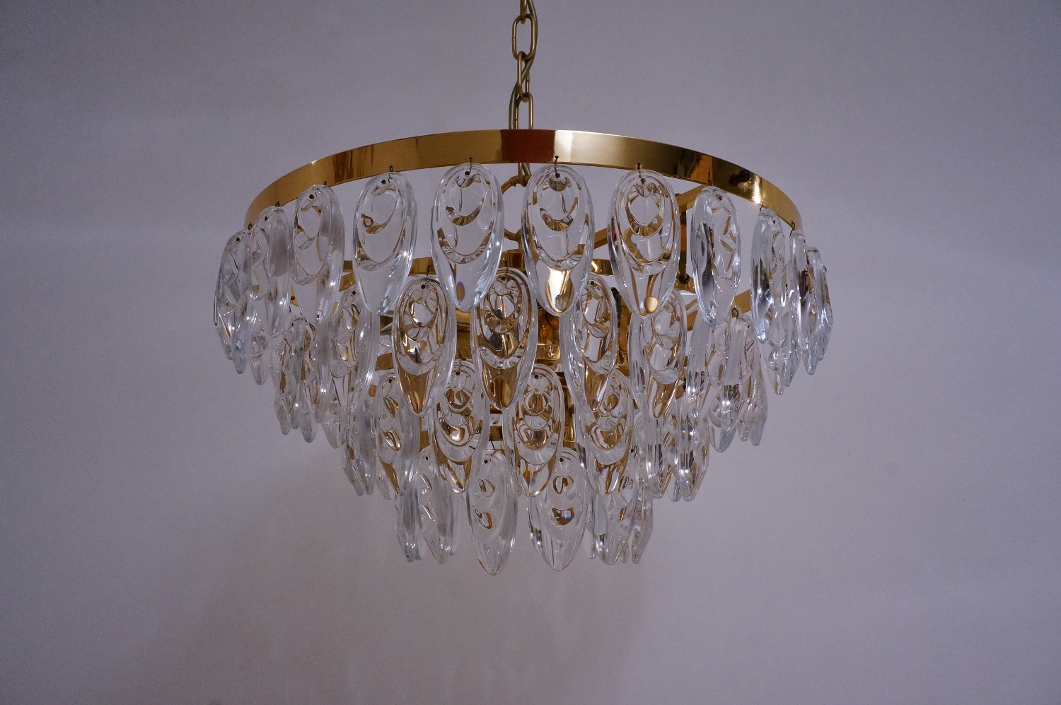 Palwa - Elegant Gold Plated Brass and Crystal Chandelier 1960s